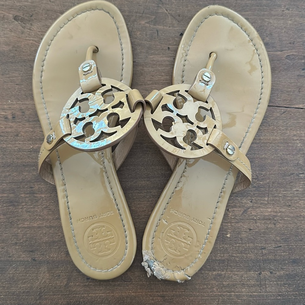 Tory Burch Miller Sandals. Tan patent. Size 7M.